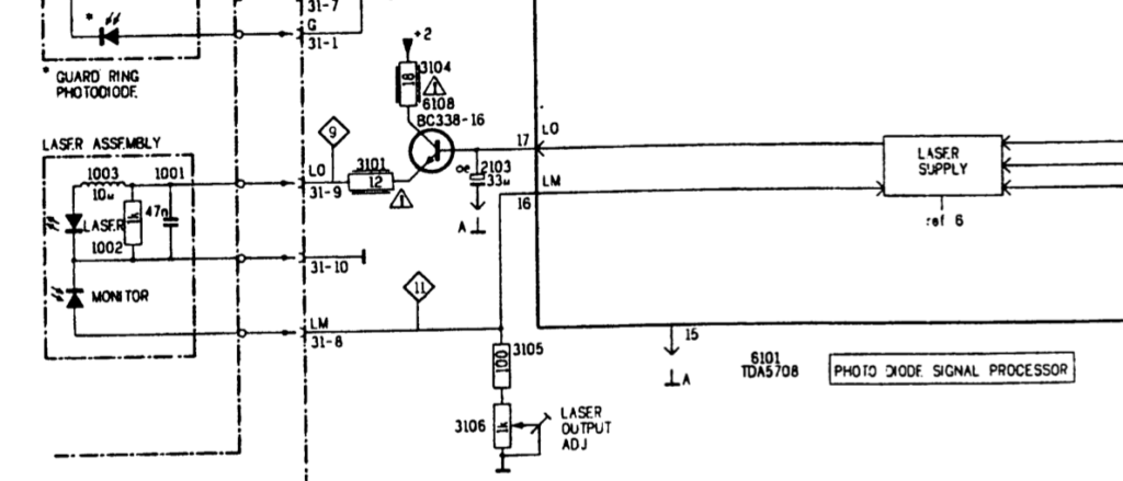 Circuit shows the laser drive via an emitter flower BC338 