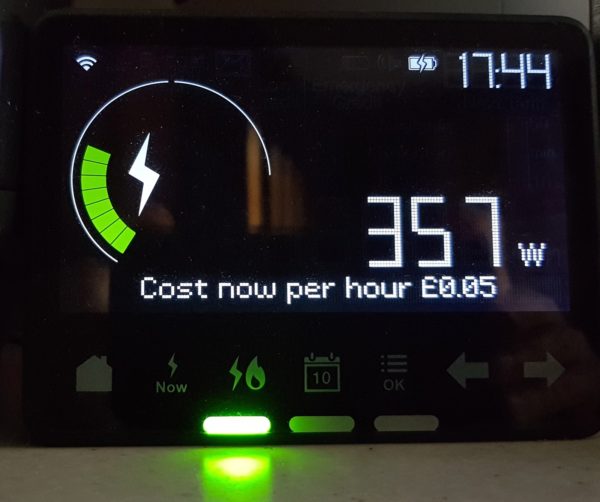 Smart meter displaying 357W costing 5p per hour