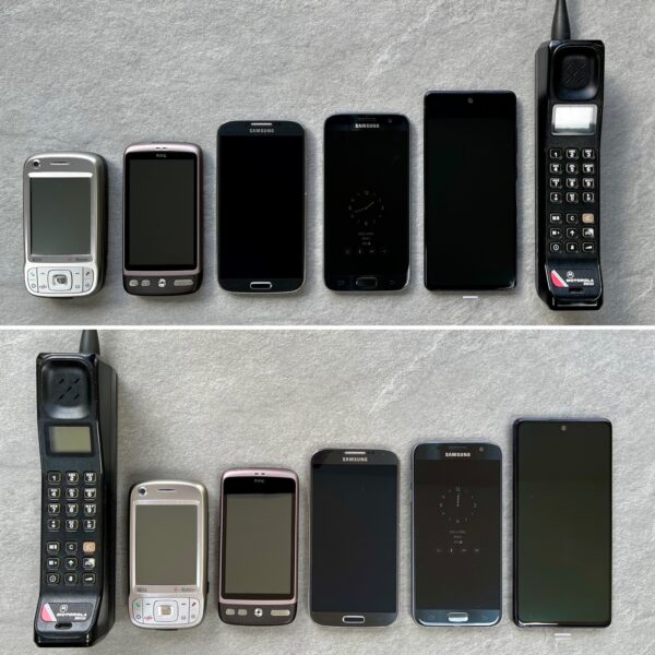 Series of mobile phones showing increasing height with age except for the Motorola brick