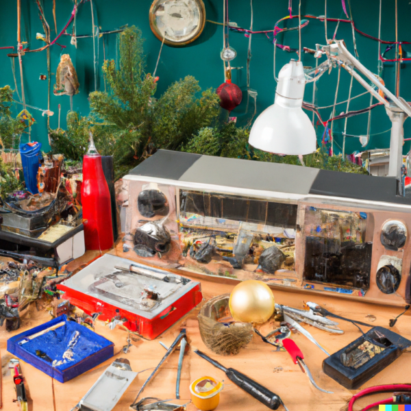 Ai generated image of a radio repair workshop at Christmas.