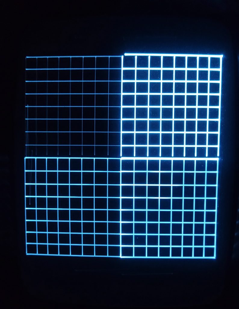 Display showing crosshatch test pattern after 15 minutes. All quadrants visible.