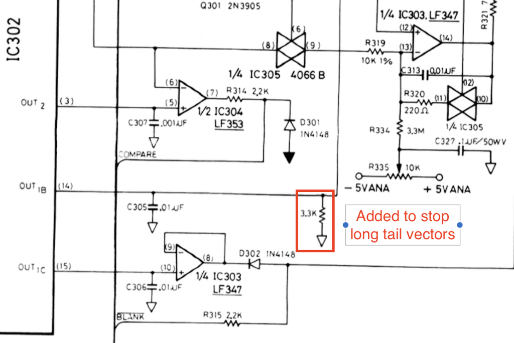Schematic showing additional 3k3 resistor in parallel with C305