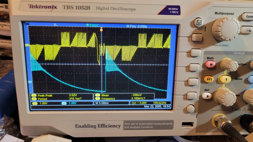 Oscilloscope trace showing X axis and Z axis  with saw tooth fault