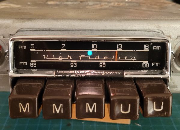 Front dial showing Becker Europa logo with High Fidelity lettering between FM and MW bands