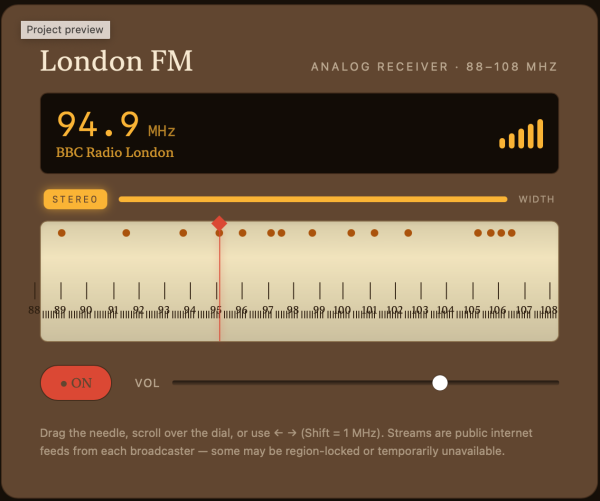Shows a London FM radio dial 88-108MHz with radio station markers and a stereo indicator, volume control and off button