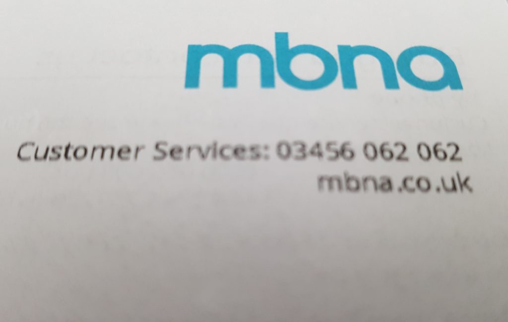 Image showing MBNA logo with customer services number.